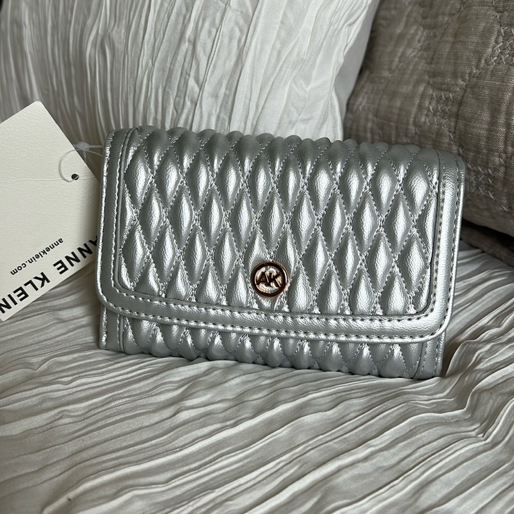 NWT. Anne Klein silver flap wallet
